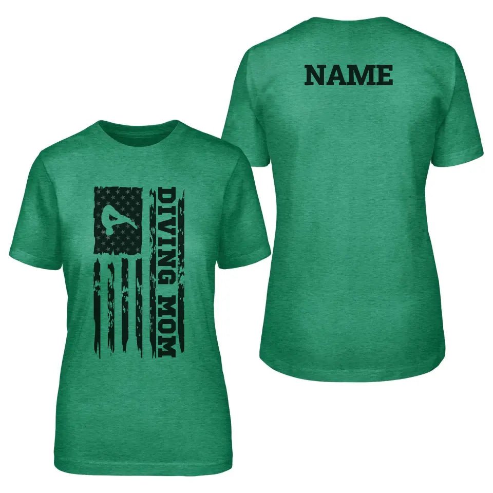 Diving Mom Vertical Flag With Diver Name on a Unisex T-Shirt with a Black Graphic