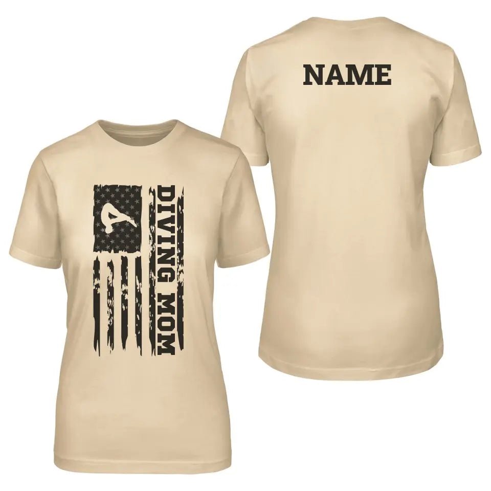 Diving Mom Vertical Flag With Diver Name on a Unisex T-Shirt with a Black Graphic