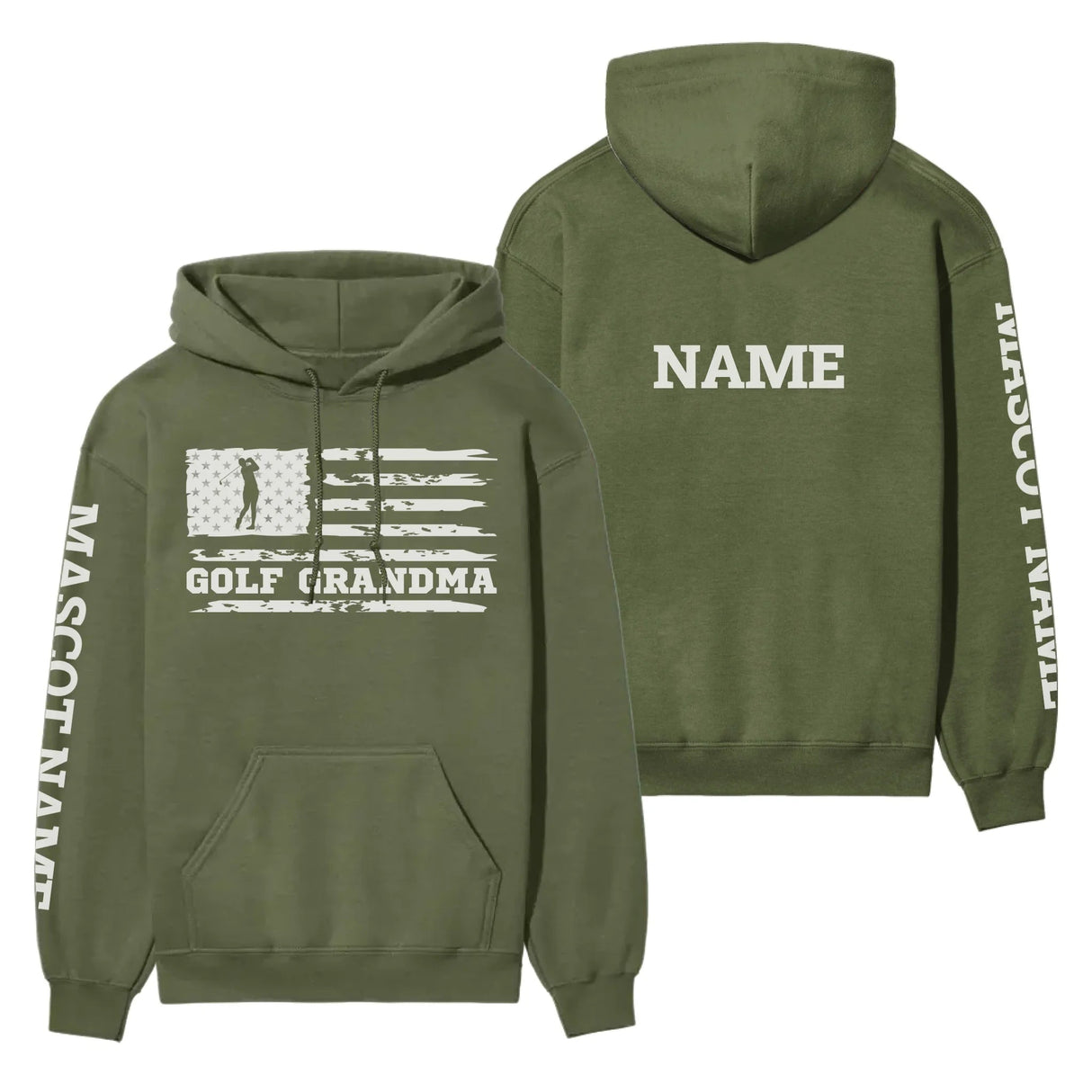 Golf Grandma Horizontal Flag With Golfer Name on a Hoodie with a White Graphic