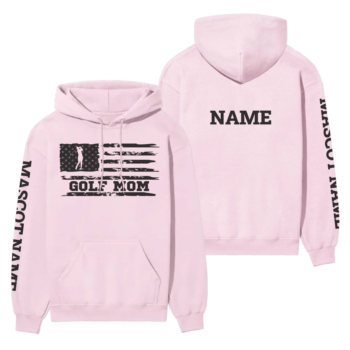 Golf Mom Horizontal Flag With Golfer Name on a Hoodie with a Black Graphic