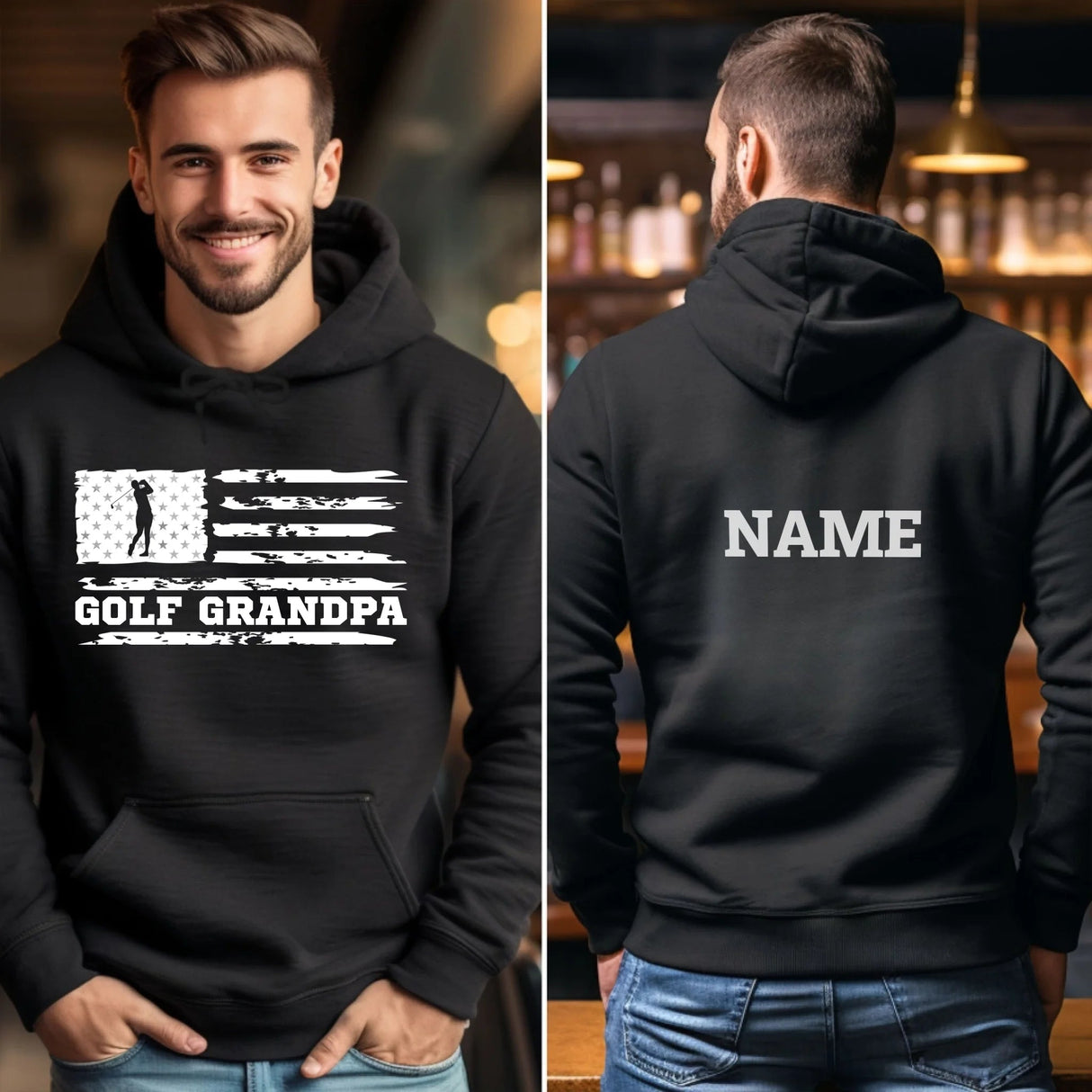 Golf Grandpa Horizontal Flag With Golfer Name on a Hoodie with a White Graphic