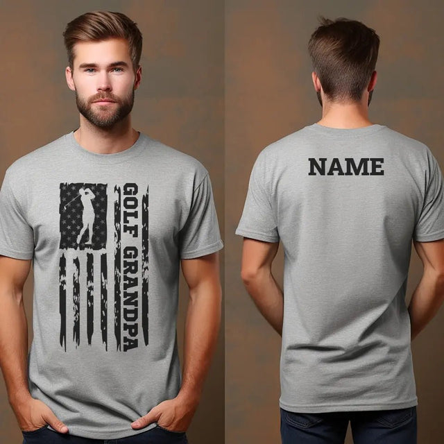 Golf Grandpa Vertical Flag With Golfer Name on a Men's T-Shirt with a Black Graphic