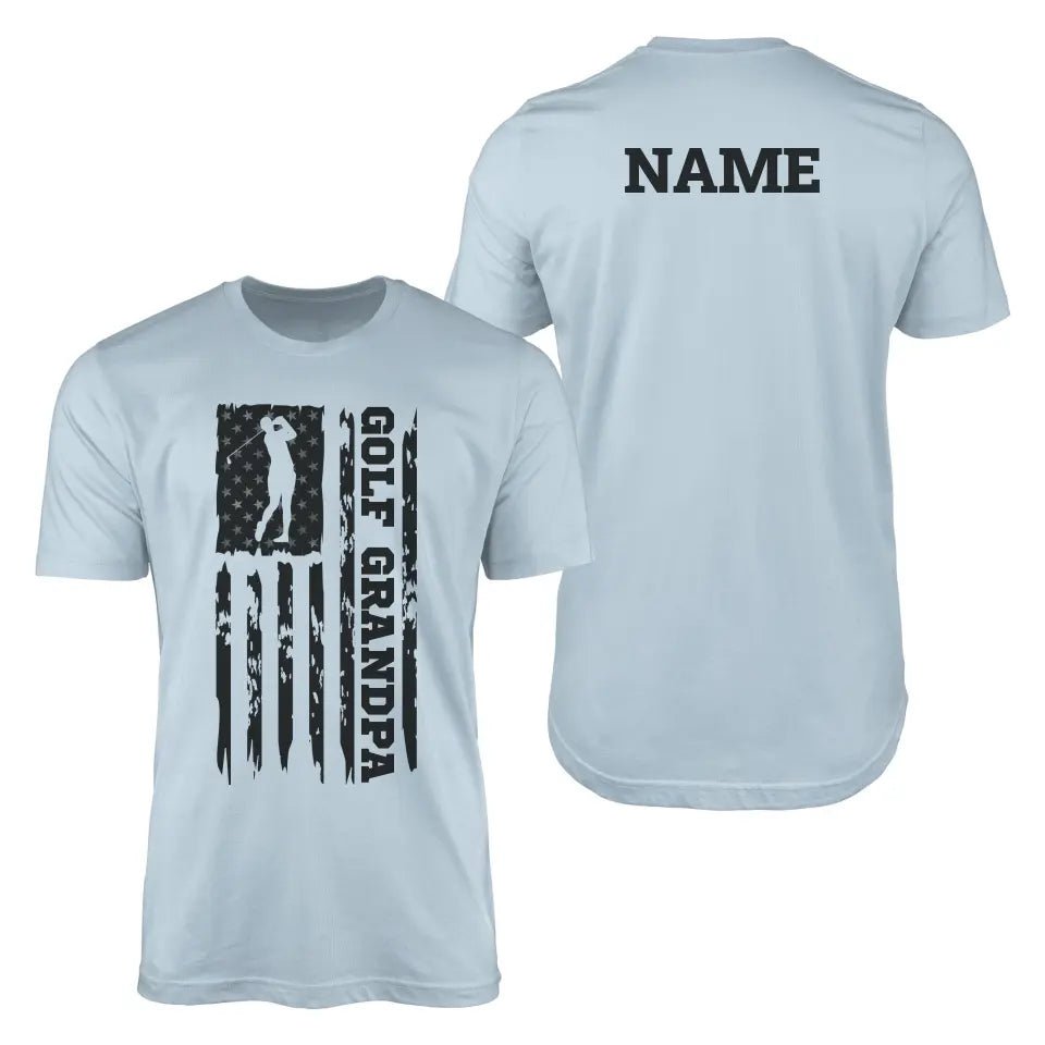 Golf Grandpa Vertical Flag With Golfer Name on a Men's T-Shirt with a Black Graphic