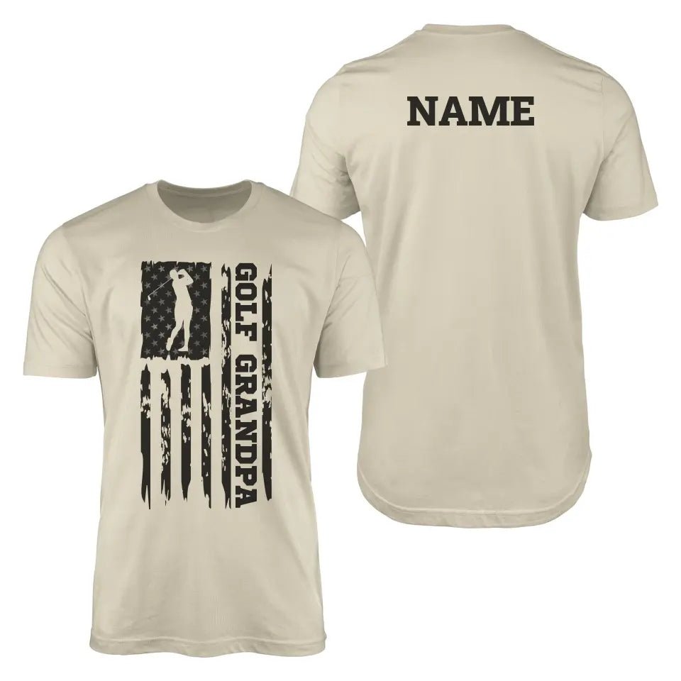 Golf Grandpa Vertical Flag With Golfer Name on a Men's T-Shirt with a Black Graphic