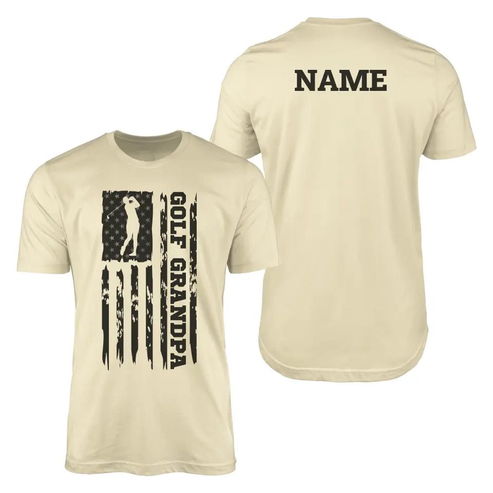 Golf Grandpa Vertical Flag With Golfer Name on a Men's T-Shirt with a Black Graphic