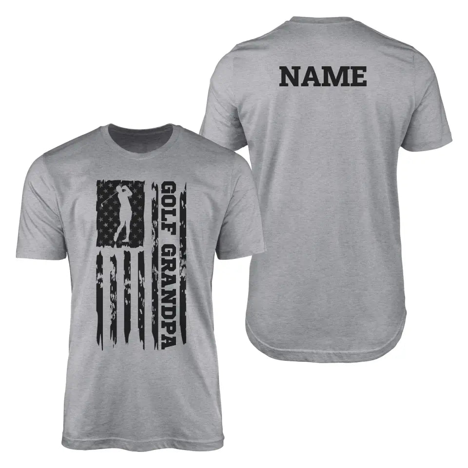 Golf Grandpa Vertical Flag With Golfer Name on a Men's T-Shirt with a Black Graphic