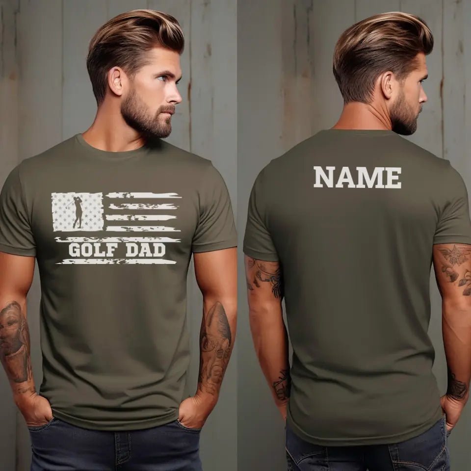 Golf Dad Horizontal Flag With Golfer Name on a Men's T-Shirt with a White Graphic