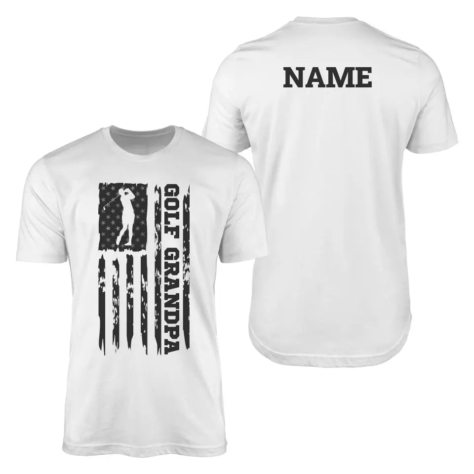 Golf Grandpa Vertical Flag With Golfer Name on a Men's T-Shirt with a Black Graphic