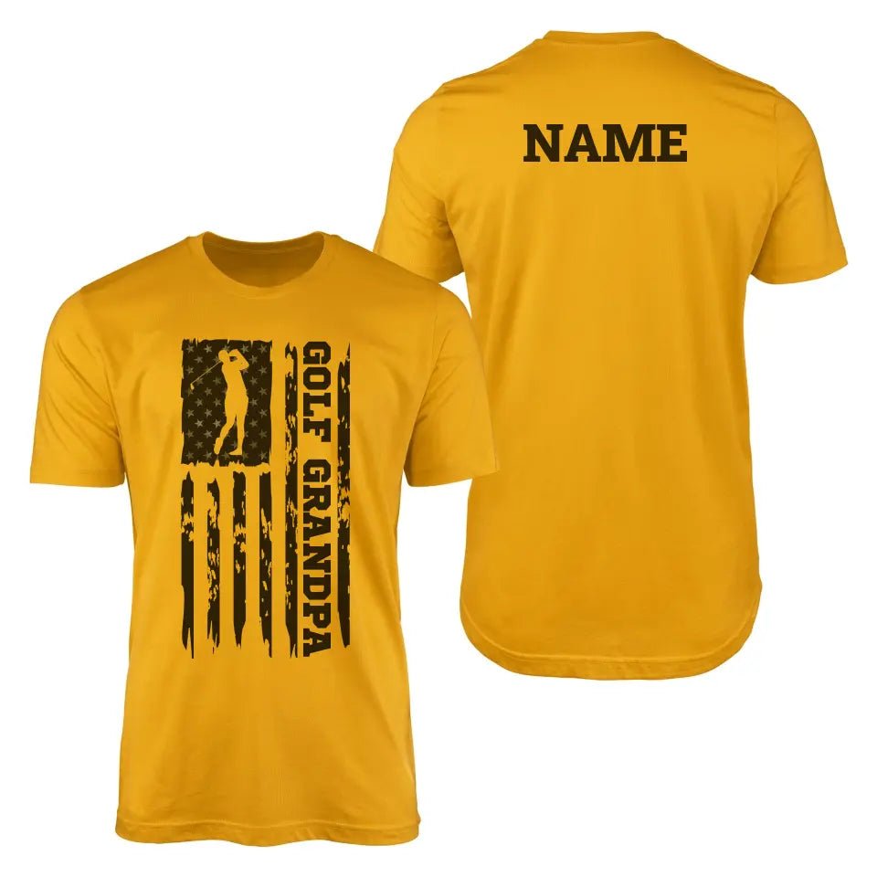 Golf Grandpa Vertical Flag With Golfer Name on a Men's T-Shirt with a Black Graphic
