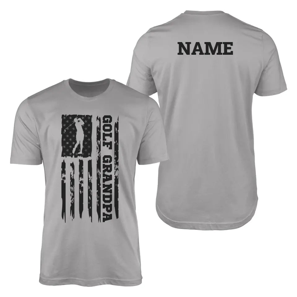 Golf Grandpa Vertical Flag With Golfer Name on a Men's T-Shirt with a Black Graphic