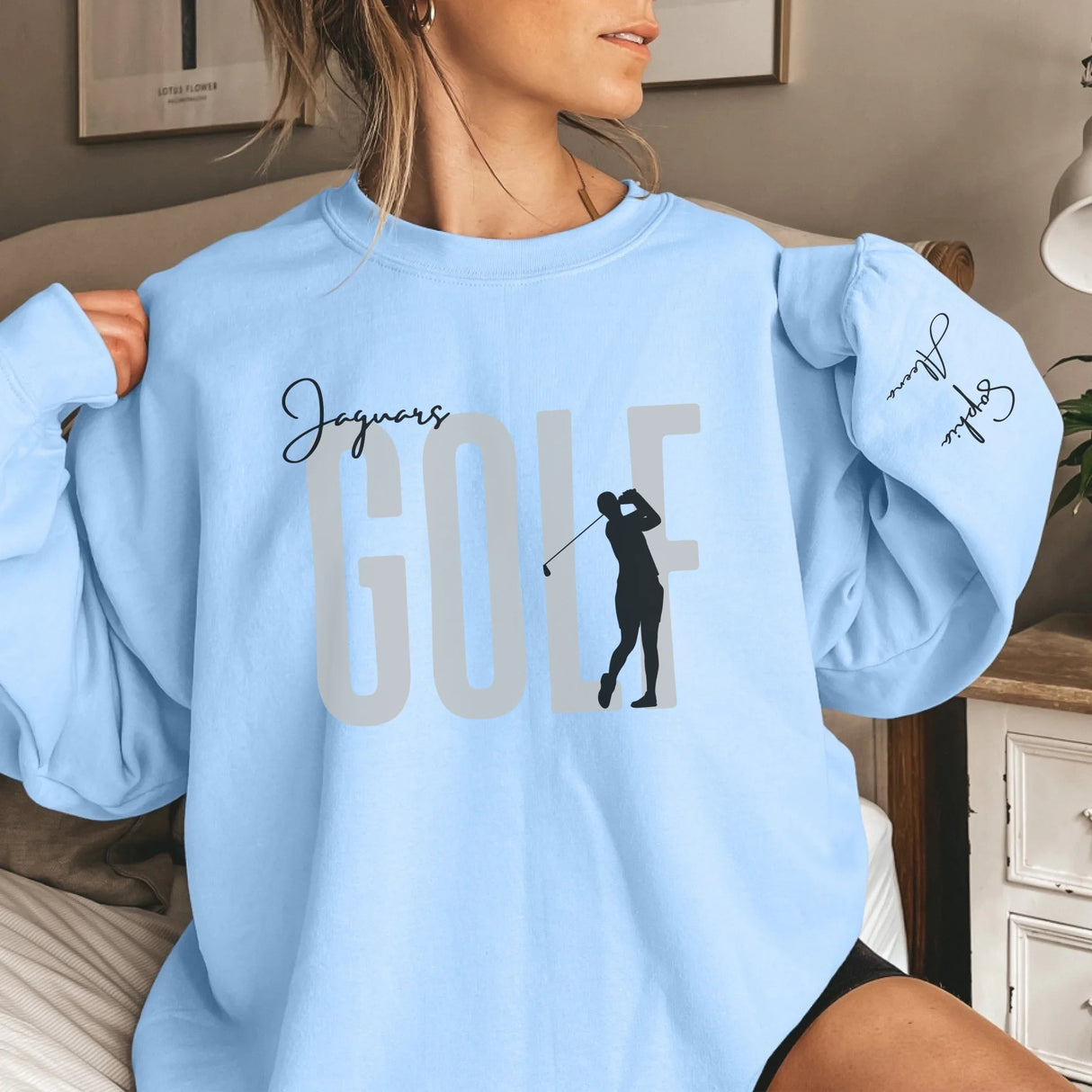 Personalized Golf on a Sweatshirt With Modern Bold Design and Golfer Name on Sleeve on a Sweatshirt