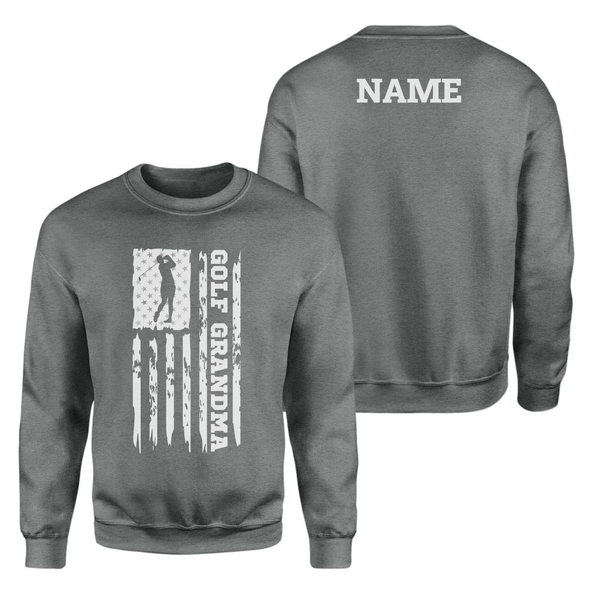 Golf Grandma Vertical Flag With Golfer Name on a Sweatshirt with a White Graphic