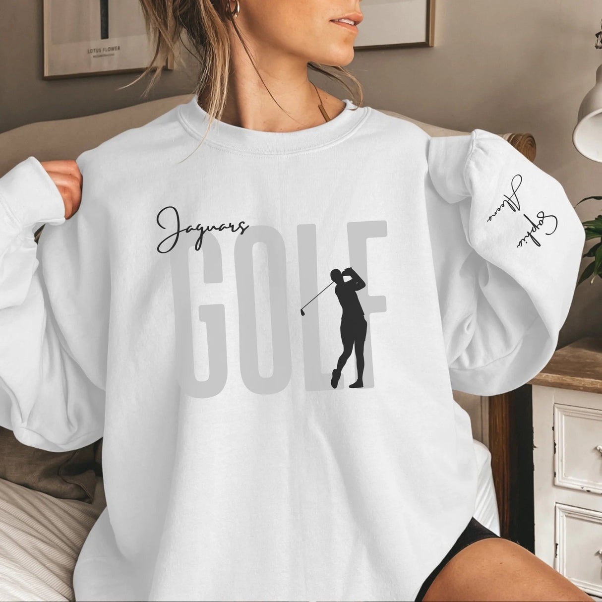 Personalized Golf on a Sweatshirt With Modern Bold Design and Golfer Name on Sleeve on a Sweatshirt