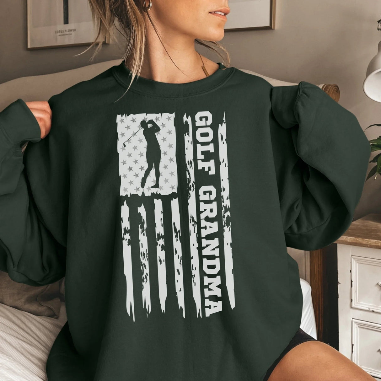 Golf Grandma Vertical Flag on a Sweatshirt with a White Graphic