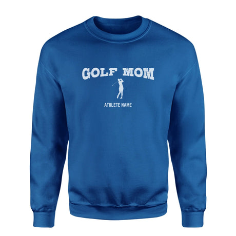 Golf Mom with Golfer Icon and Golfer Name on a Sweatshirt with a White Graphic
