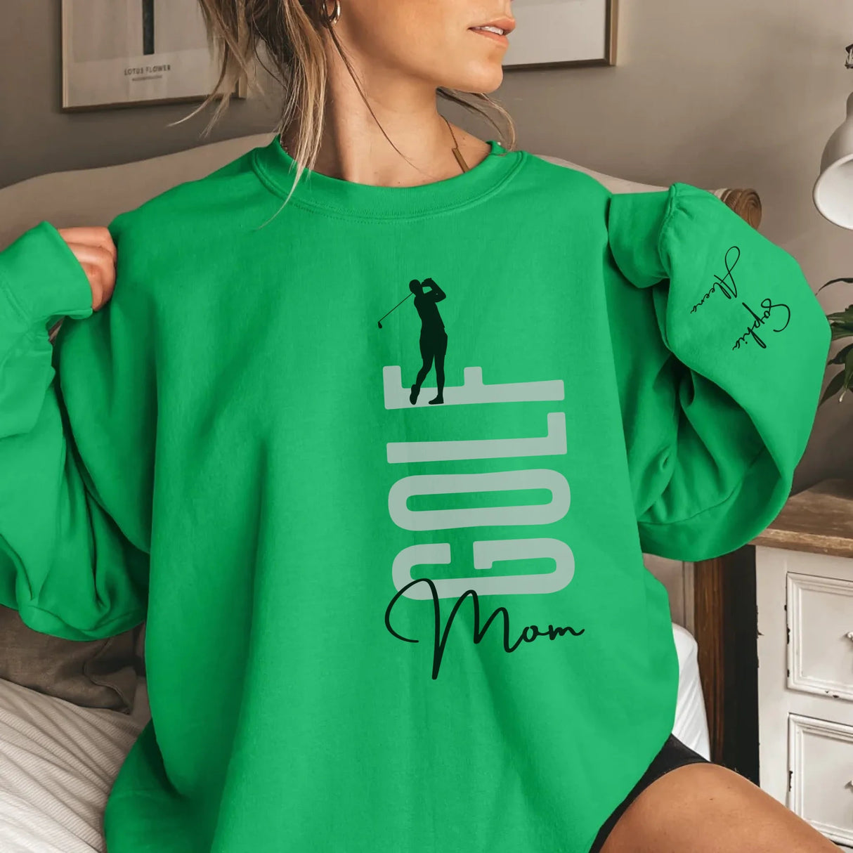 Personalized Golf Mom on a Sweatshirt With Mascot, Icon, and Golfer Name on Sleeve on a Sweatshirt