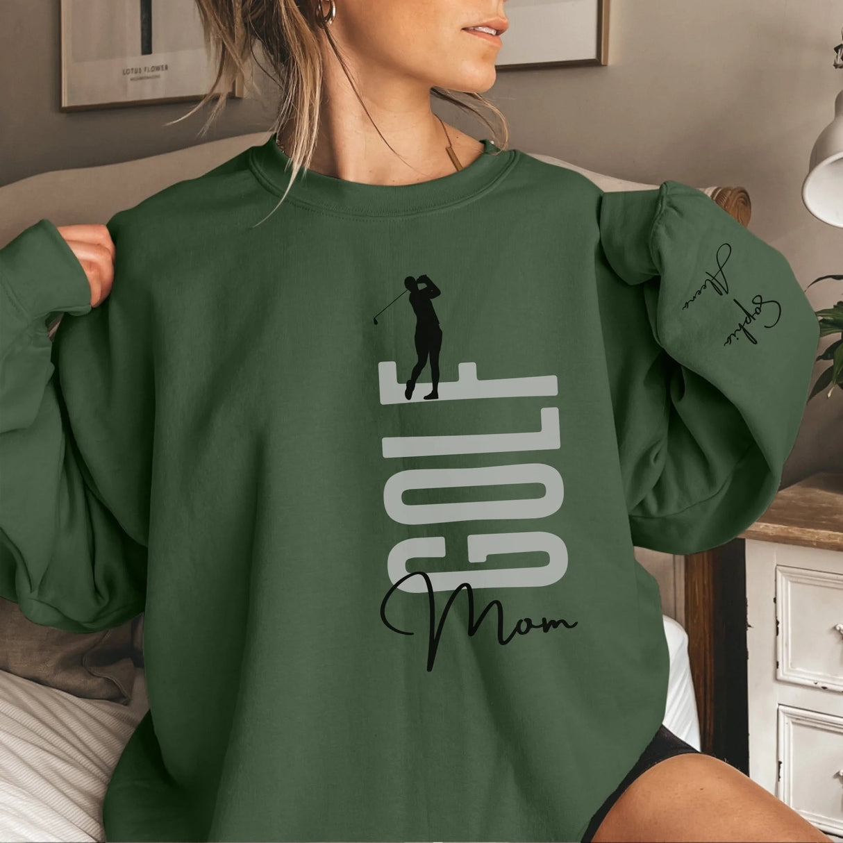 Personalized Golf Mom on a Sweatshirt With Mascot, Icon, and Golfer Name on Sleeve on a Sweatshirt