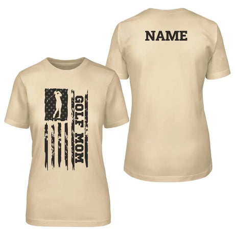 Golf Mom Vertical Flag With Golfer Name on a Unisex T-Shirt with a Black Graphic