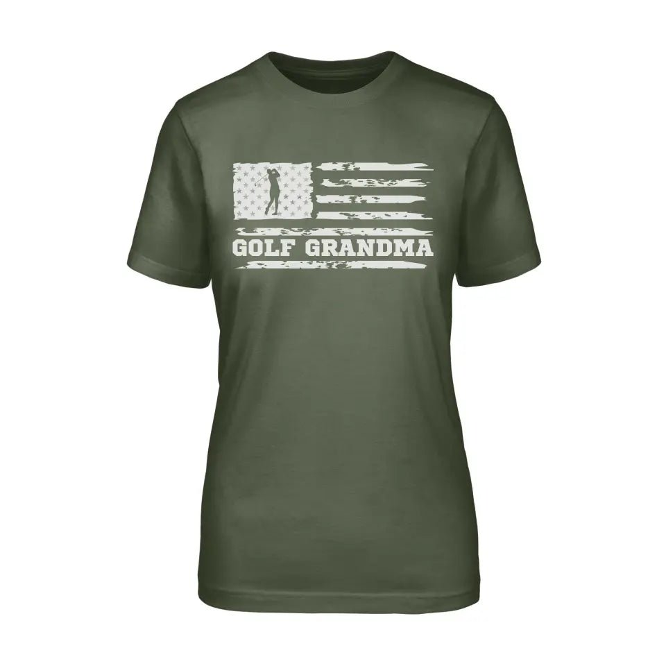 Golf Grandma Horizontal Flag on a Unisex T-Shirt with a White Graphic