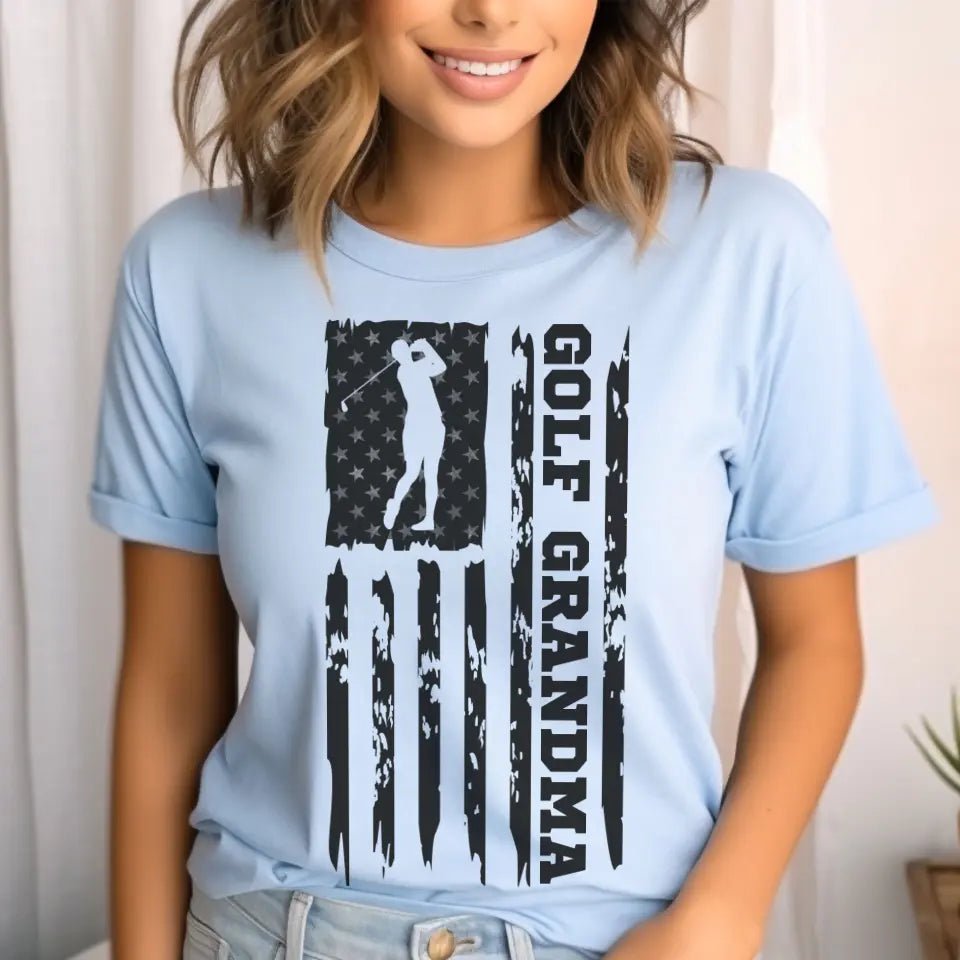 Golf Grandma Vertical Flag on a Unisex T-Shirt with a Black Graphic