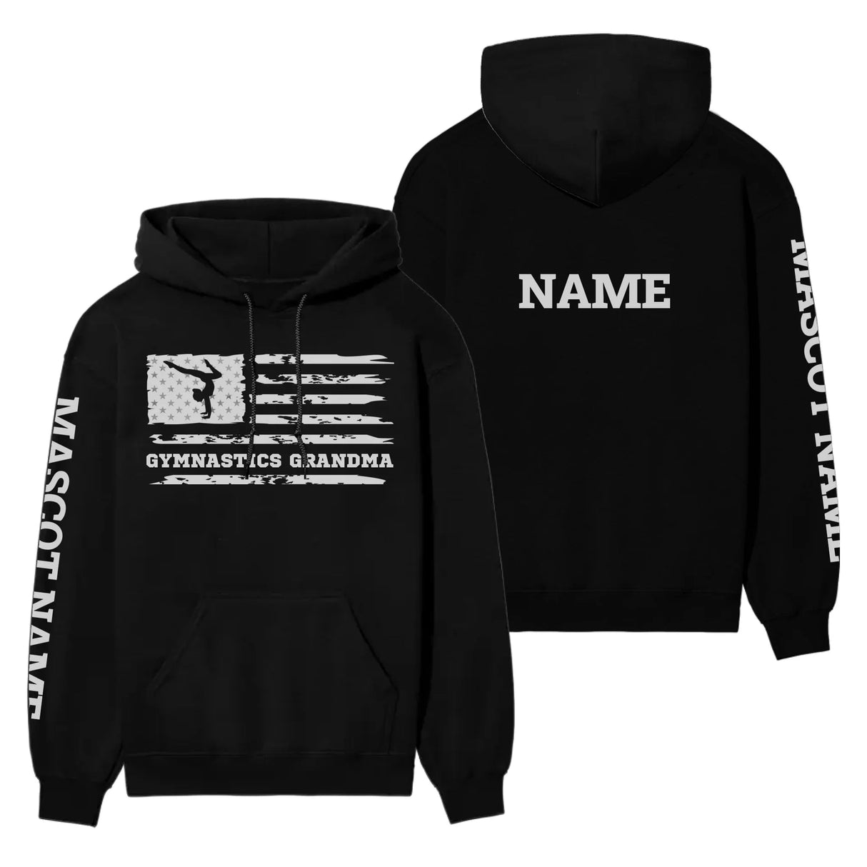 Gymnastics Grandma Horizontal Flag With Gymnast Name on a Hoodie with a White Graphic