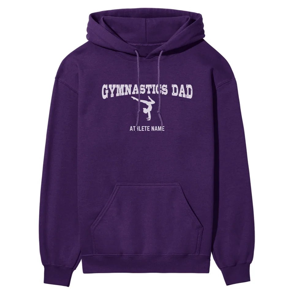 Gymnastics Dad with Gymnast Icon and Gymnast Name on a Hoodie with a White Graphic