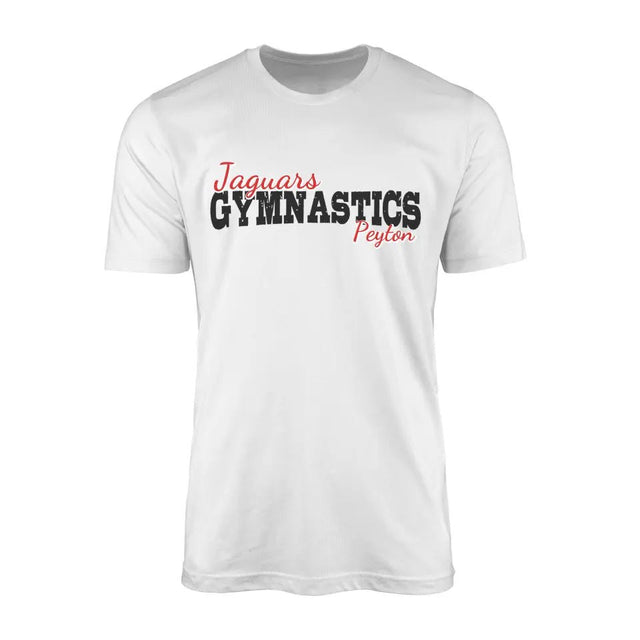 Custom Gymnastics Mascot and Gymnast Name on a Men's T-Shirt with a Black Graphic