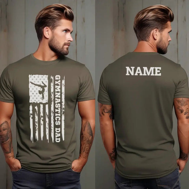 Gymnastics Dad Vertical Flag With Gymnast Name on a Men's T-Shirt with a White Graphic
