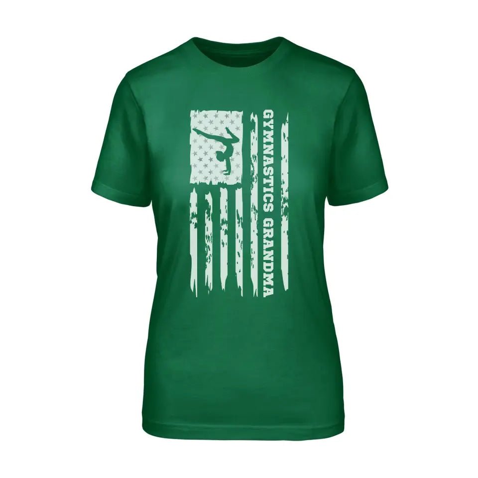 Gymnastics Grandma Vertical Flag on a Unisex T-Shirt with a White Graphic