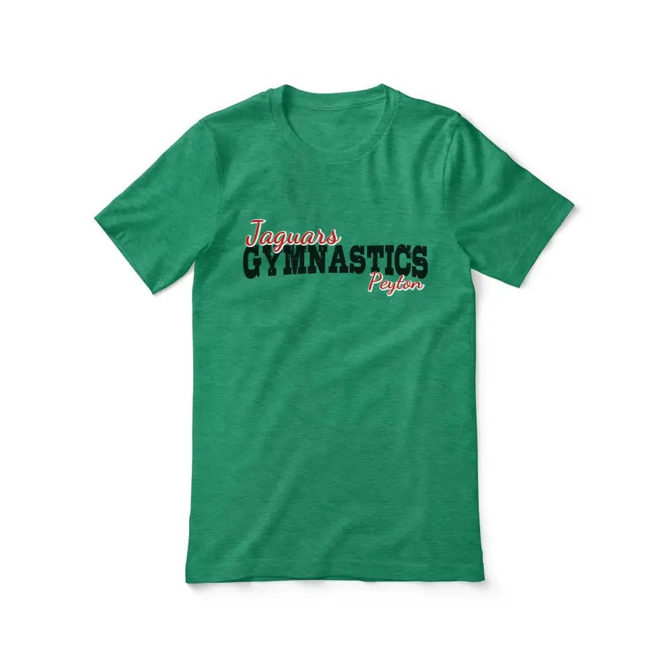 Custom Gymnastics Mascot and Gymnast Name on a Unisex T-Shirt with a Black Graphic