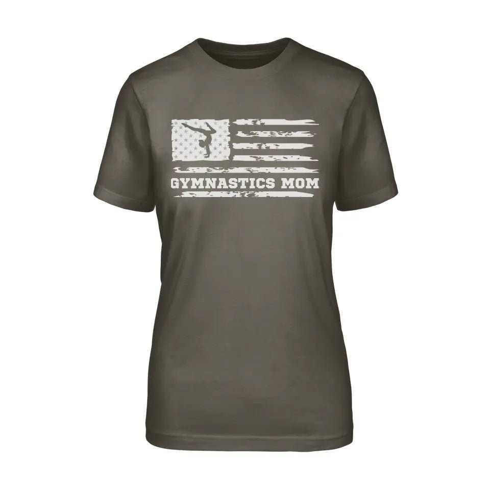 Gymnastics Mom Horizontal Flag on a Unisex T-Shirt with a White Graphic