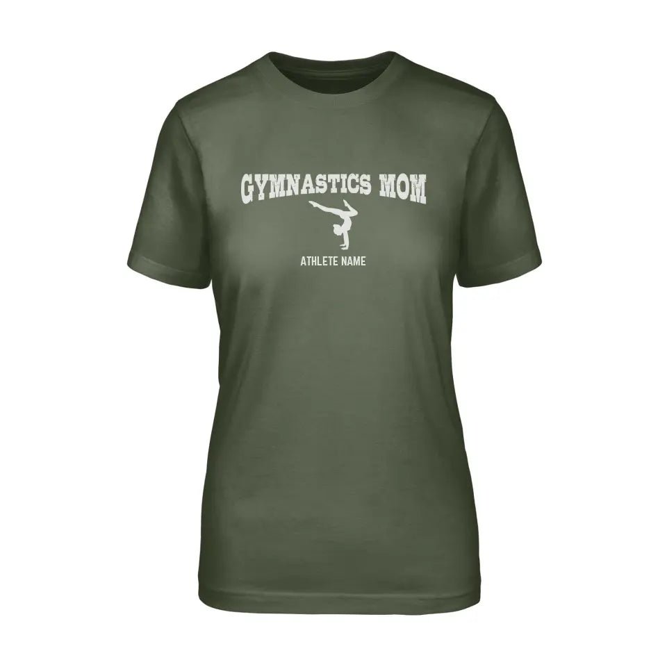 Gymnastics Mom with Gymnast Icon and Gymnast Name on a Unisex T-Shirt with a White Graphic
