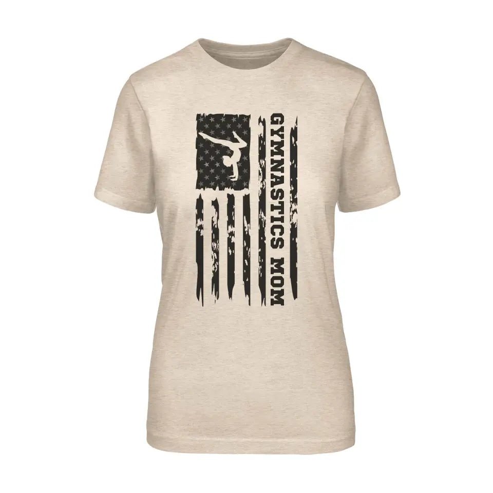 Gymnastics Mom Vertical Flag on a Unisex T-Shirt with a Black Graphic