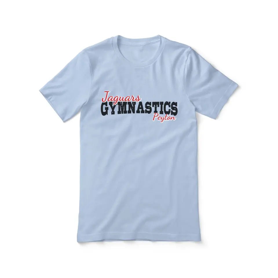 Custom Gymnastics Mascot and Gymnast Name on a Unisex T-Shirt with a Black Graphic