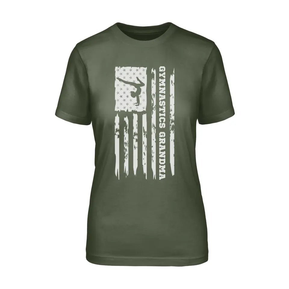 Gymnastics Grandma Vertical Flag on a Unisex T-Shirt with a White Graphic