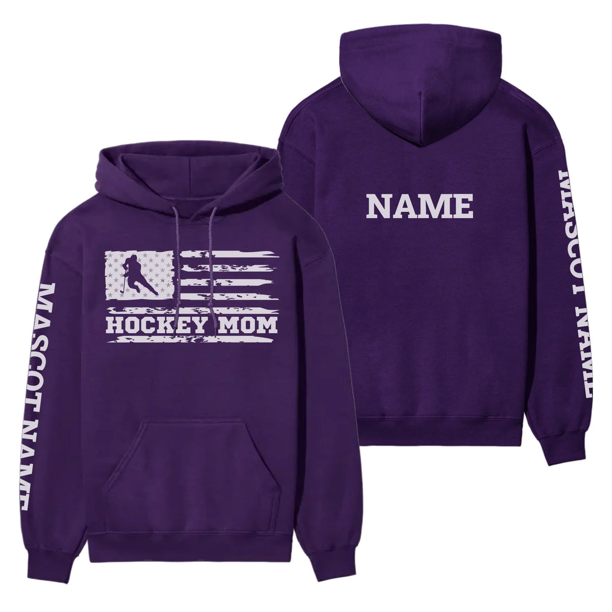 Hockey Mom Horizontal Flag With Hockey Player Name on a Hoodie with a White Graphic