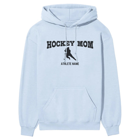 Hockey Mom with Hockey Player Icon and Hockey Player Name on a Hoodie with a Black Graphic