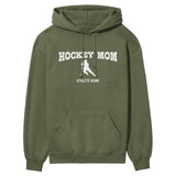 Hockey Mom with Hockey Player Icon and Hockey Player Name on a Hoodie with a White Graphic