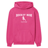 Hockey Mom with Hockey Player Icon and Hockey Player Name on a Hoodie with a White Graphic