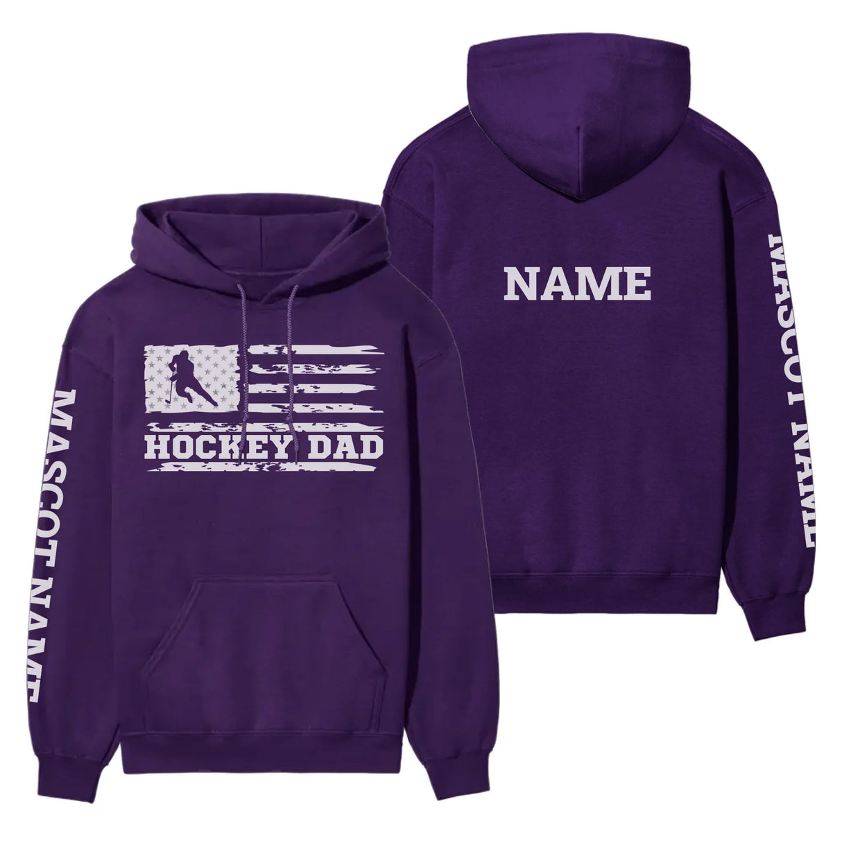 Hockey Dad Horizontal Flag With Hockey Player Name on a Hoodie with a White Graphic