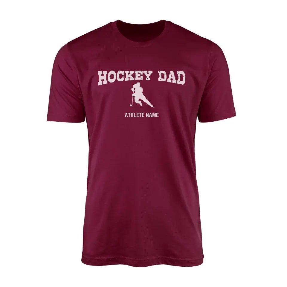 Hockey Dad with Hockey Player Icon and Hockey Player Name on a Men's T-Shirt with a White Graphic