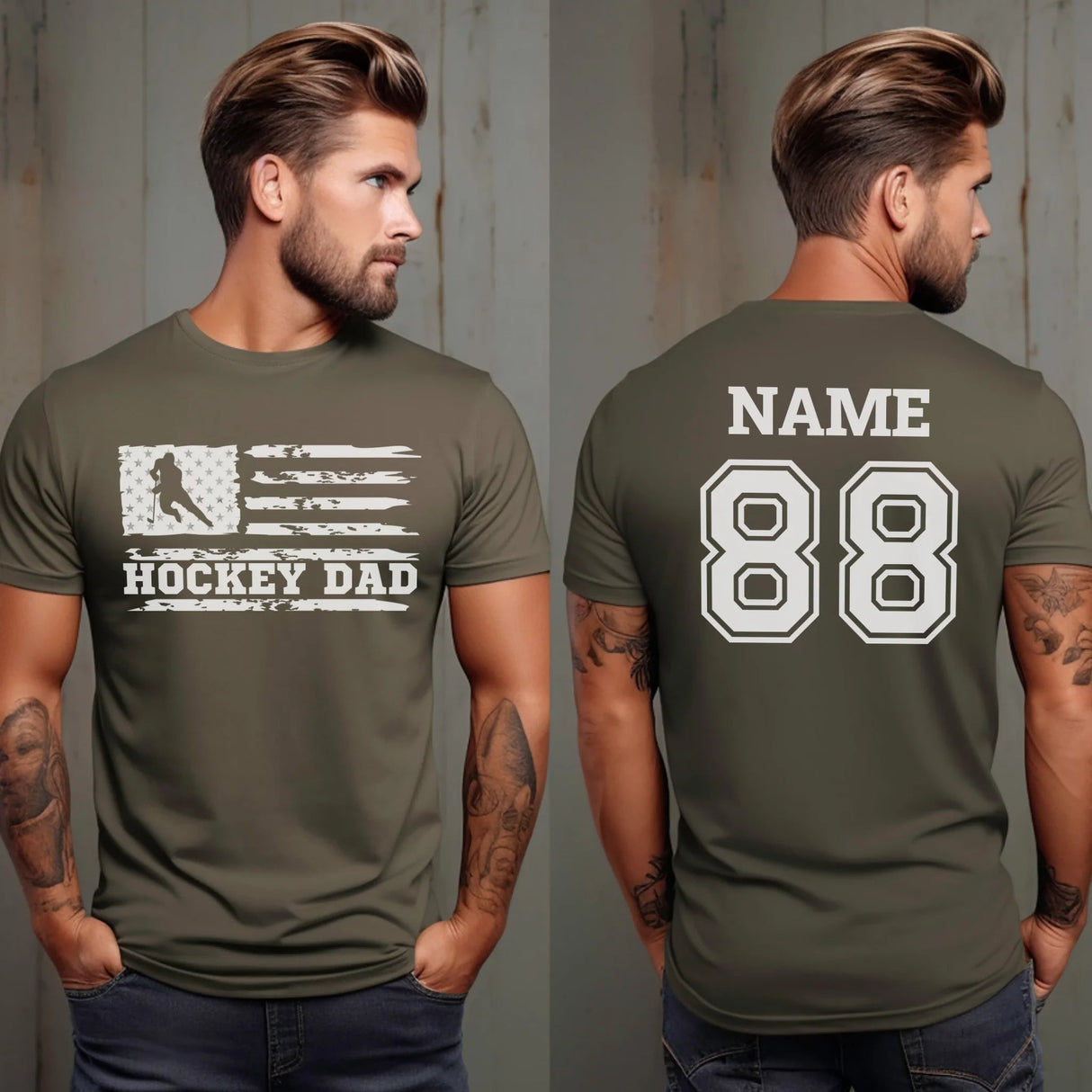 Hockey Dad Horizontal Flag With Hockey Player Name on a Men's T-Shirt with a White Graphic