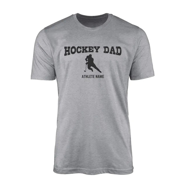 Hockey Dad with Hockey Player Icon and Hockey Player Name on a Men's T-Shirt with a Black Graphic