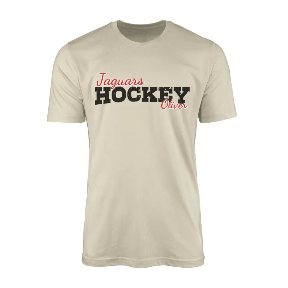 Custom Hockey Mascot and Hockey Player Name on a Men's T-Shirt with a Black Graphic