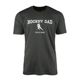 Hockey Dad with Hockey Player Icon and Hockey Player Name on a Men's T-Shirt with a White Graphic