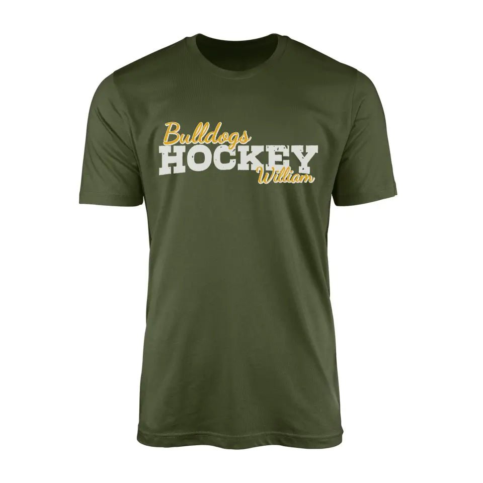 Custom Hockey Mascot and Hockey Player Name on a Men's T-Shirt with a White Graphic