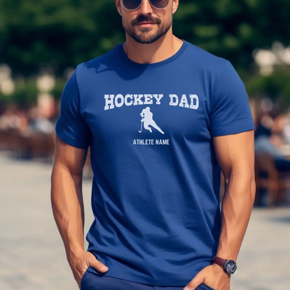 Hockey Dad with Hockey Player Icon and Hockey Player Name on a Men's T-Shirt with a White Graphic
