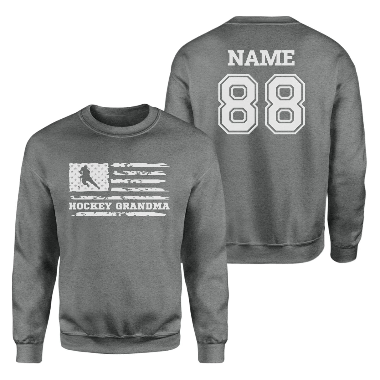 Hockey Grandma Horizontal Flag With Hockey Player Name on a Sweatshirt with a White Graphic