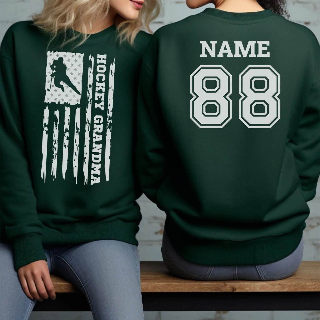 Hockey Grandma Vertical Flag With Hockey Player Name on a Sweatshirt with a White Graphic