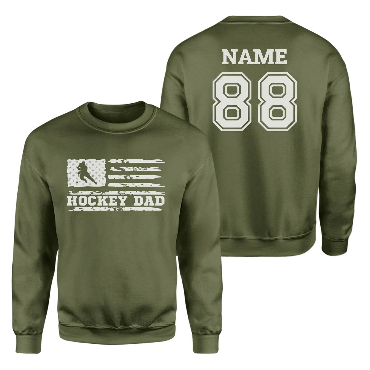 Hockey Dad Horizontal Flag With Hockey Player Name on a Sweatshirt with a White Graphic